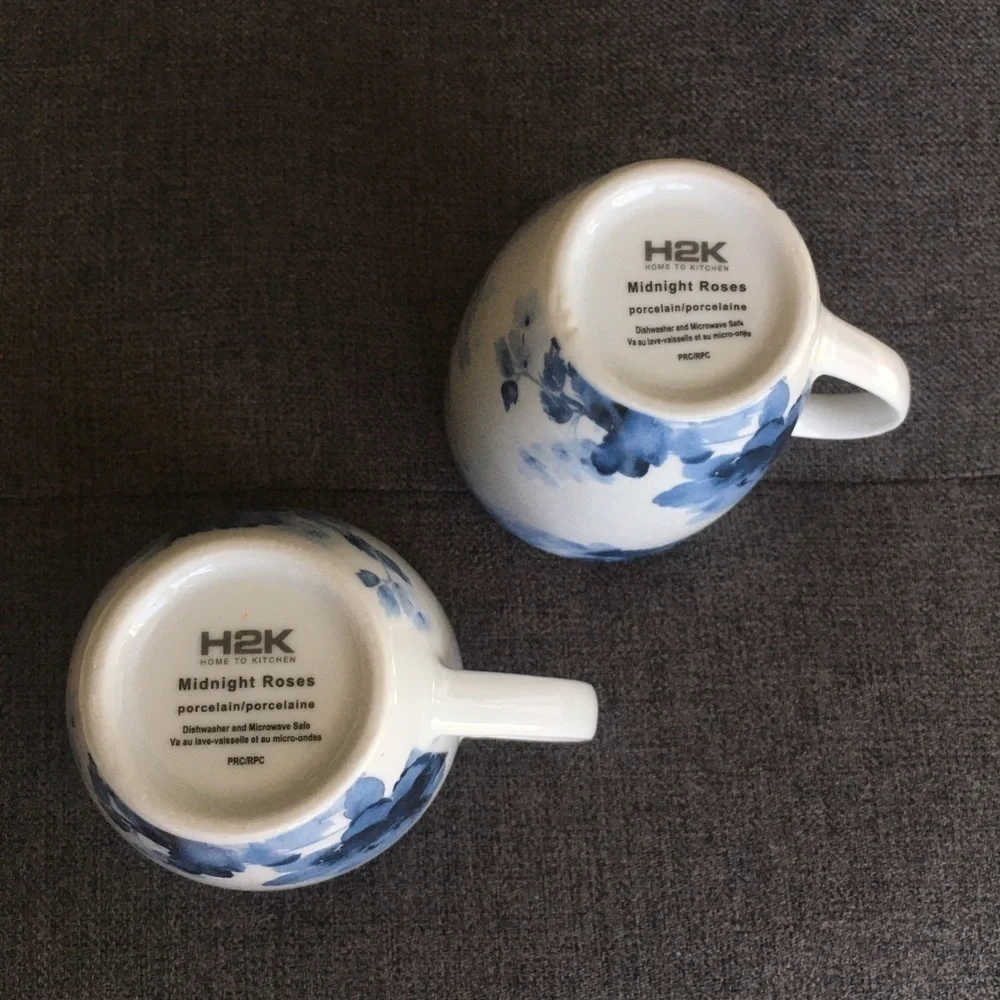 Set of 2 Midnight Roses Porcelain Coffee Mugs Blue White 12 oz